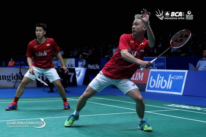 Kevin Sanjaya Sukamuljo/Marcus Fernaldi Gideon when playing in Indonesia Open 2017.