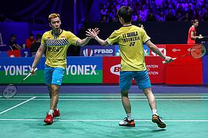 Ekspresi Kevin Sanjaya Sukamuljo/Marcus Fernaldi Gideon (Indonesia).