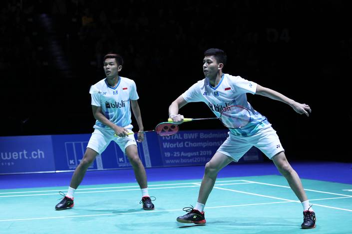 Fajar Alfian/Muhammad Rian Ardianto (Indonesia) bersiap menghadang serangan. Fajar Alfian/Muhammad Rian Ardianto (Indonesia) bersiap menghadang serangan.