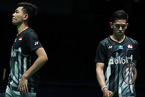 Ekspresi kekecewaan Fajar Alfian/Muhammad Rian Ardianto (Indonesia).