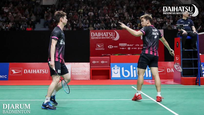 Selebrasi Kevin Sanjaya Sukamuljo/Marcus Fernaldi Gideon (Indonesia).