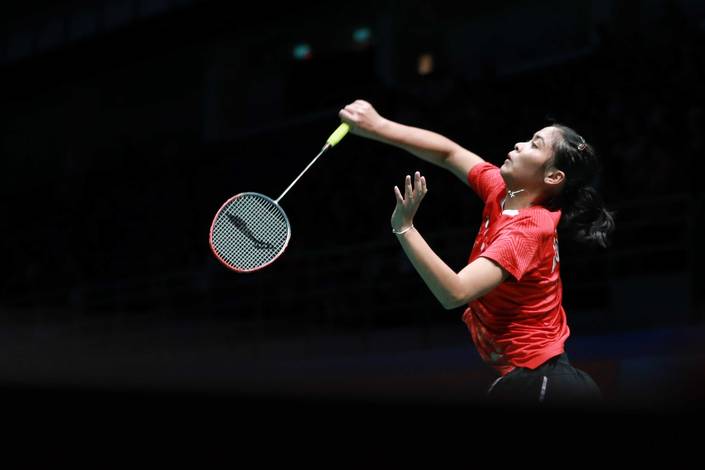 Grogoria Mariska Tunjung (Indonesia) melepaskan serangan. Grogoria Mariska Tunjung (Indonesia) melepaskan serangan.