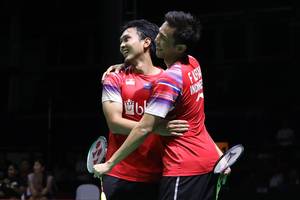 Selebrasi kemenangan Mohammad Ahsan/Fajar Alfian (Indonesia).