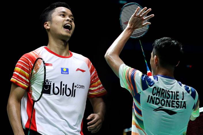 Anthony Sinisuka Ginting (kiri) dan Jonatan Christie. Anthony Sinisuka Ginting (kiri) dan Jonatan Christie.