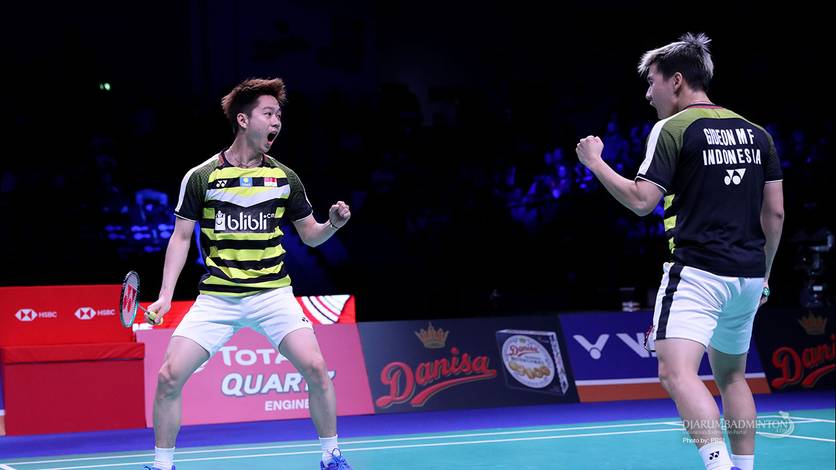 Selebrasi kemenangan Kevin Sanjaya Sukamuljo/Marcus Fernaldi Gideon (Indonesia).