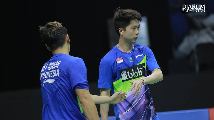 Kevin Sanjaya Sukamuljo/Marcus Fernaldi Gideon (Indonesia) saat tampil di ajang Mola TV PBSI Thomas & Uber Cup Simulation 2020.