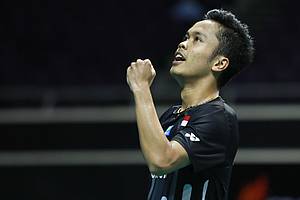 Selebrasi Anthony Sinisuka Ginting (Indonesia).