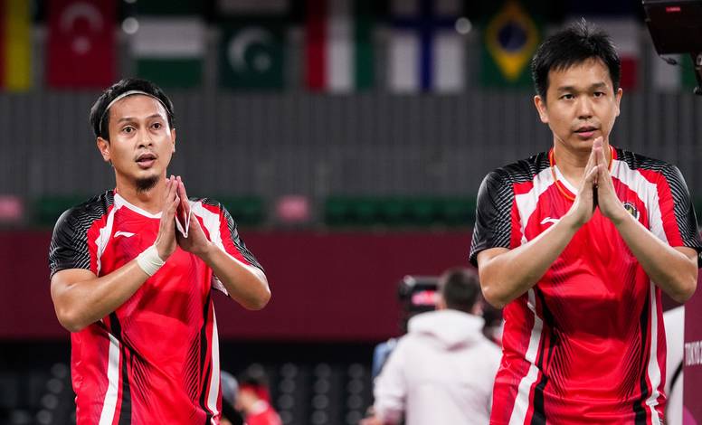 Selebrasi ganda putra Indonesia, Hendra Setiawan/Mohammad Ahsan. (Foto: BADMINTONPHOTO - Shi Tang)