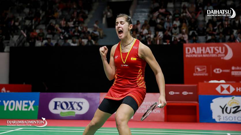 Selebrasi kemenangan Carolina Marin (Spanyol).