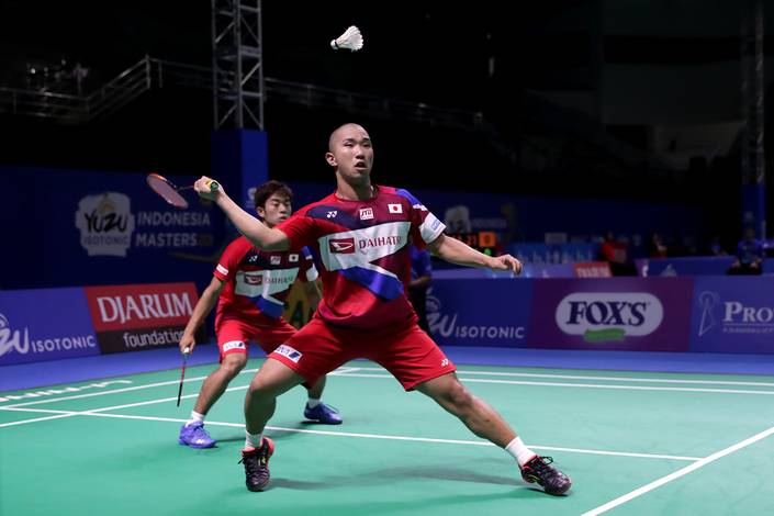 Hiroki Midorikawa/Kyohei Yamashita (Jepang) bersiap menghadang pengembalian. Hiroki Midorikawa/Kyohei Yamashita (Jepang) bersiap menghadang pengembalian.