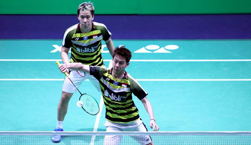 Kevin Sanjaya Sukamuljo/Marcus Fernaldi Gideon mengembalikan shuttlecock. Kevin Sanjaya Sukamuljo/Marcus Fernaldi Gideon mengembalikan shuttlecock.