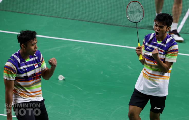 Selebrasi kemenangan Bagas Maulana/Muhammad Shohibul Fikri (Indonesia). (Copyright: Badmintonphoto | Courtesy of BWF) Selebrasi kemenangan Bagas Maulana/Muhammad Shohibul Fikri (Indonesia). (Copyright: Badmintonphoto | Courtesy of BWF)