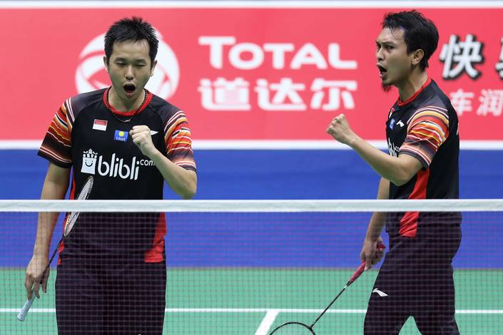 Selebrasi kemenangan Hendra Setiawan/Mohammad Ahsan (Indonesia). Selebrasi kemenangan Hendra Setiawan/Mohammad Ahsan (Indonesia).