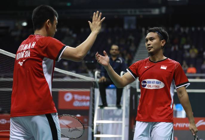 Selebrasi Hendra Setiawan/Mohammad Ahsan (Indonesia).