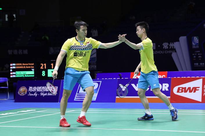 Selebrasi Kevin Sanjaya Sukamuljo/Marcus Fernaldi Gideon (Indonesia). Selebrasi Kevin Sanjaya Sukamuljo/Marcus Fernaldi Gideon (Indonesia).